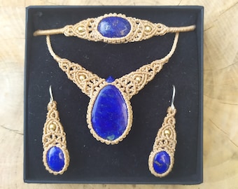 lapis lazuli micro macrame set; lapis lazuli necklace, lapis lazuli bracelet, lapis lazuli earing; jewelry set, gift box