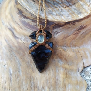 obsidian and prehnite arrow pendant, micro macrame necklace, black obsidian, arrow stone