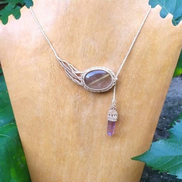 micro macrame necklace with rutile quartz and amethyst, raw amethyst point and rutilated quartz in asymetric necklace