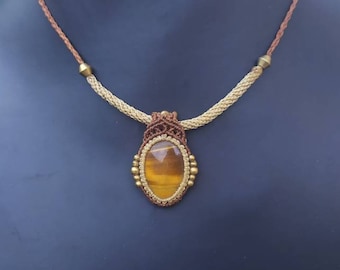 tiger eye micro macrame necklace with brass; tiger's eye neckace;boho necklace