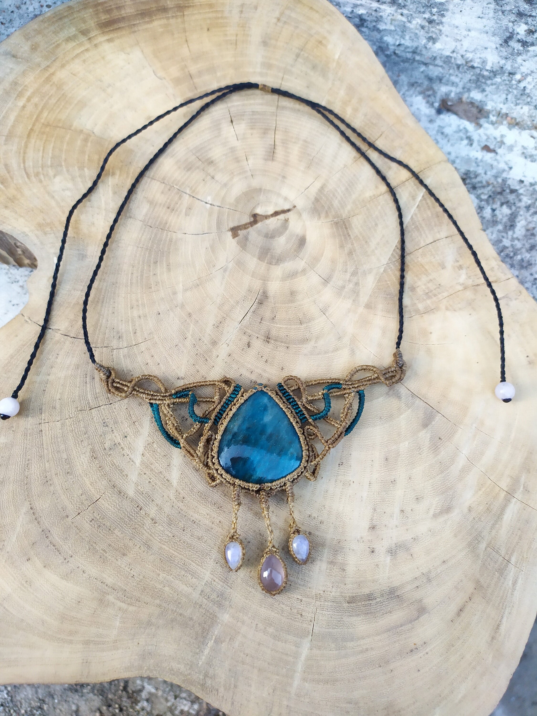 Macrame Aqua marine, Touramalated Moon stone, Apatite, & Blue Quartz neckalace. Adjustable Macrame Necklaces ?? LEFT rainbow moonstone  main image 3