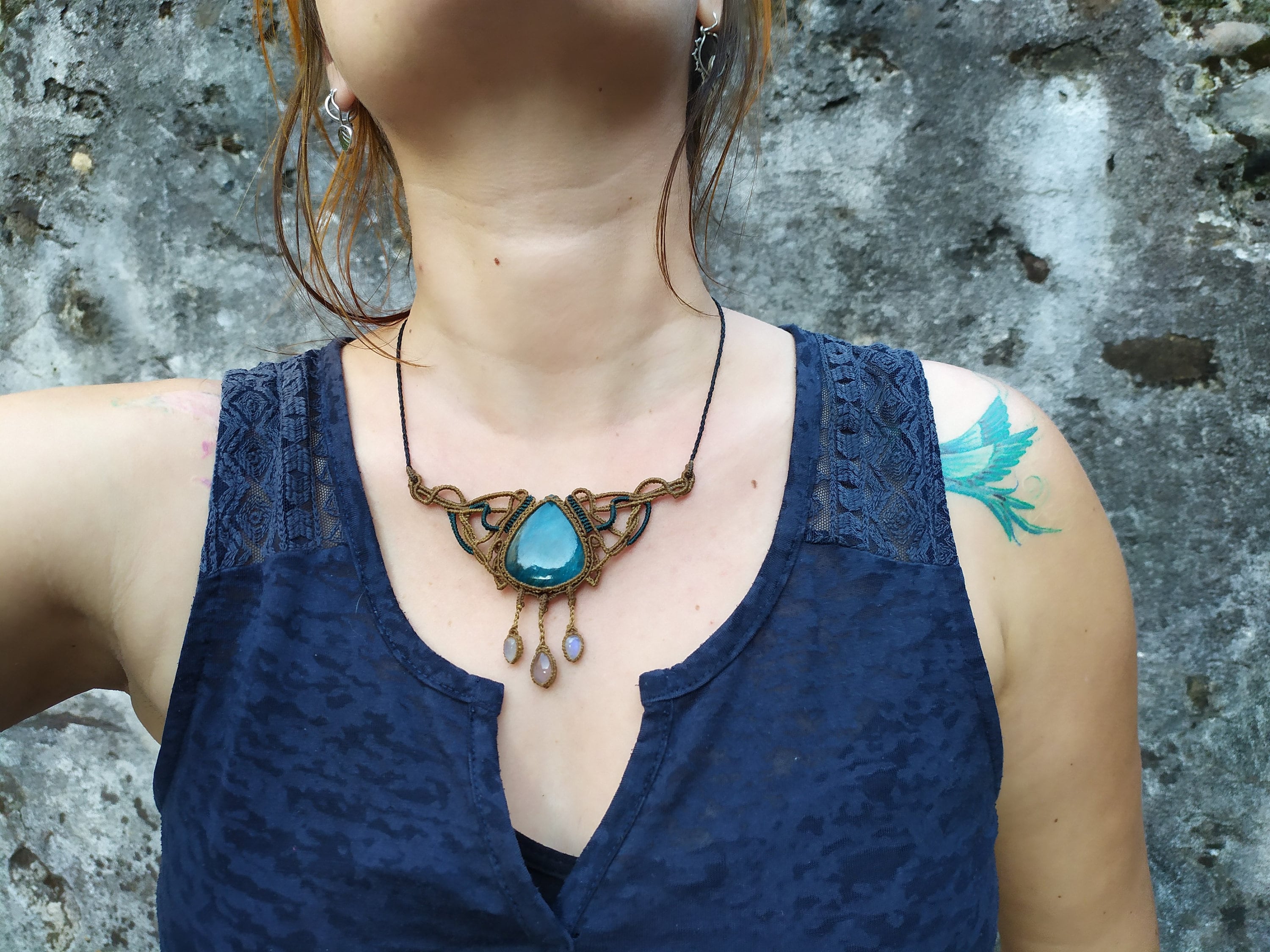Macrame Aqua marine, Touramalated Moon stone, Apatite, & Blue Quartz neckalace. Adjustable Macrame Necklaces ?? LEFT rainbow moonstone  main image 2