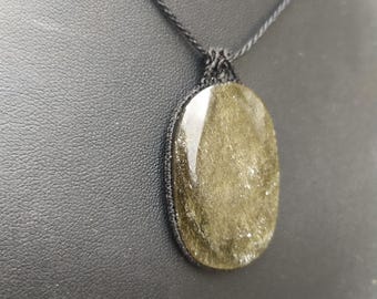 obsidian micro macrame necklace, natural healing stone pendant, silver  obsidian, mexican obsidian