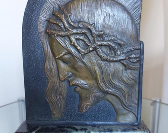Trefoloni Jesus Christ Bronze Relief Art Deco Art Nouveau Art Relief Sculpture Signed A.Trefoloni Green Marble Base