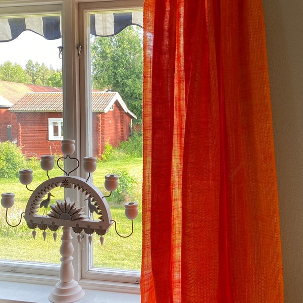 A pair of Swedish Net Curtains Let the light through Shades of Red Orange 2 curtain lengths Vintage Mid Century Modern Scandinavian 1970s