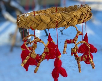 Hängendes Weihnachtsstroh-mobile mit 5 Strohziegen. Traditionelles schwedisches handgemachtes Vintage Folk Design Made in Sweden