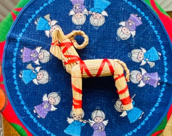 Danish Christmas table cloth and a Swedish Christmas Straw Goat Handmade Vintage  Folk Design 1970s