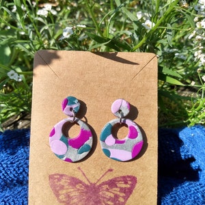 Silver, teal and purple drop earrings