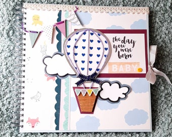 Großes personalisiertes Baby Fotoalbum, 12x12 Baby Sammelalbum, Luftballon Baby Erinnerungsbuch, Andenken Babybuch mit Namen, Babypartygeschenk