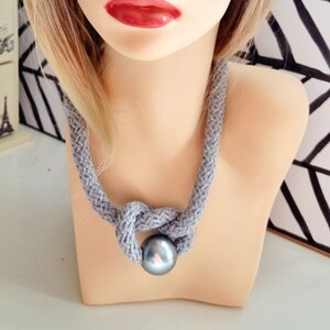 Chunky Rope Statement Necklace with Silver Pearl, Metallic Cotton Cord Knot Necklace, Bold Modern Textile Jewellery, Women Gift for her