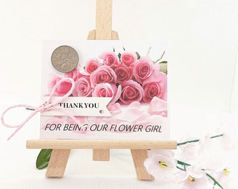 Thank you for being our Flower Girl Gift - Roses card with keepsake charm - Lucky sixpence wedding favour - Pink table decoration