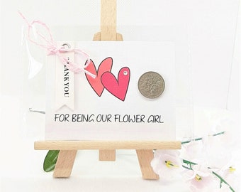 Thank you for being my Flower Girl, Lucky silver sixpence card for Flower Girl, wedding favour keepsake gift from bride and groom