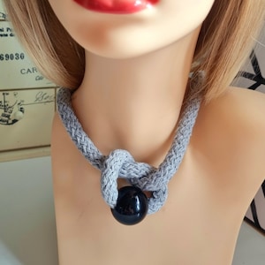 Chunky Rope Statement Necklace with Black Pearl, Grey Cotton Cord Knot Necklace, Minimalist Monochrome Jewellery Women Gift, Gift for her