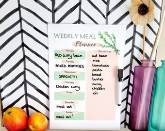 Dry Erase Weekly Meal Planner and Shopping List, Reusable Meal Planner, A4 Laminated Planner with Whiteboard pen, Kitchen Wall Planner Board