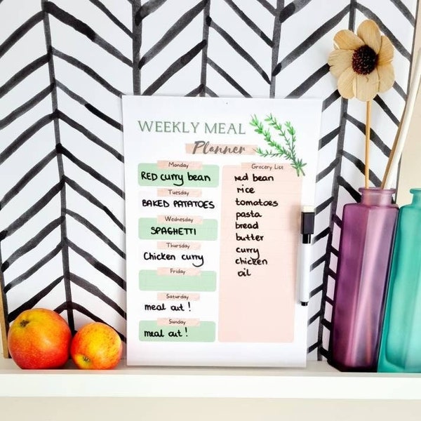 Dry Erase Weekly Meal Planner and Shopping List, Reusable Meal Planner, A4 Laminated Planner with Whiteboard pen, Kitchen Wall Planner Board