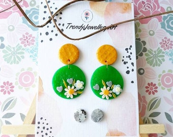 Neon bright green orange floral dangle earrings set with marble round studs, Daisy flower circle drop earrings, Polymer Clay Plant earrings