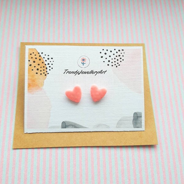 Bright Peach heart shaped stud earrings, Handmade Polymer Clay small earrings, Modern minimalist earrings for women, teenage girl jewelry