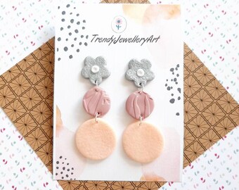 Daisy and Circle long drop dangle earrings in Pastel Pink Silver and Peach, Geometric statement hypoallergenic stud earrings, Summer Jewelry