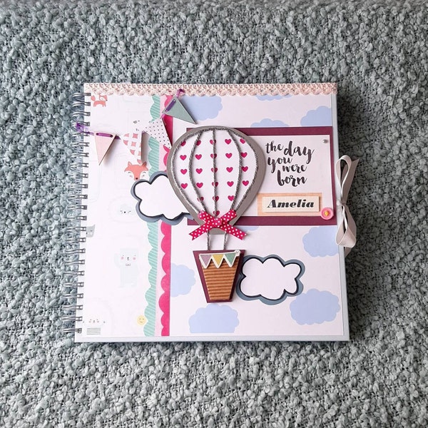 12x12 Baby Girl First Year Scrapbook, Hot Air Balloon Baby Memory Book, Handmade Baby Photo album, Personalized Baby Book, Baby shower gift