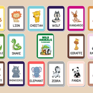 Flashcards educacionais de animais selvagens no anel, atividades de aprendizagem para crianças, cartões flash de primeiras palavras, aprendizagem pré-escolar para crianças LAMINADO