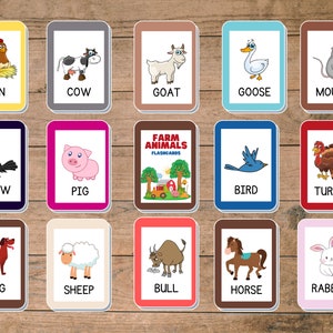Cartes flash animaux de la ferme pour enfants, cartes flash premiers mots, activités d'apprentissage préscolaires pour tout-petits, cartes de nomenclature, cartes LAMINÉES