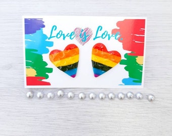 Rainbow Heart LGBT pride stud earrings, Gay / Lesbian pride flag earrings, Hypoallergenic Polymer clay earrings, LGBT Love is Love jewelry