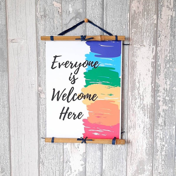 Everyone is Welcome Here Sign - Inclusion art - Equality Rainbow Print - Lesbian & Gay pride - Framed Wall Hanging - LGBT Home Decor