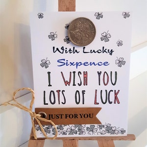 Mini regalo de buena suerte - moneda Silver Sixpence Wish - Lucky Clover charm - Graduación de la tarjeta de carcasa - College Student exam presente