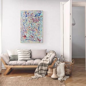 Dipinto Astratto su Tela - Arte Moderna con Spruzzi di Colore, Blu, Giallo e Rosso - Decorazione da Parete Handmade