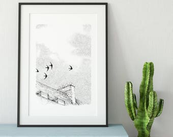 Swifts Art Print -  Birds flying Illustration - London Rooftops