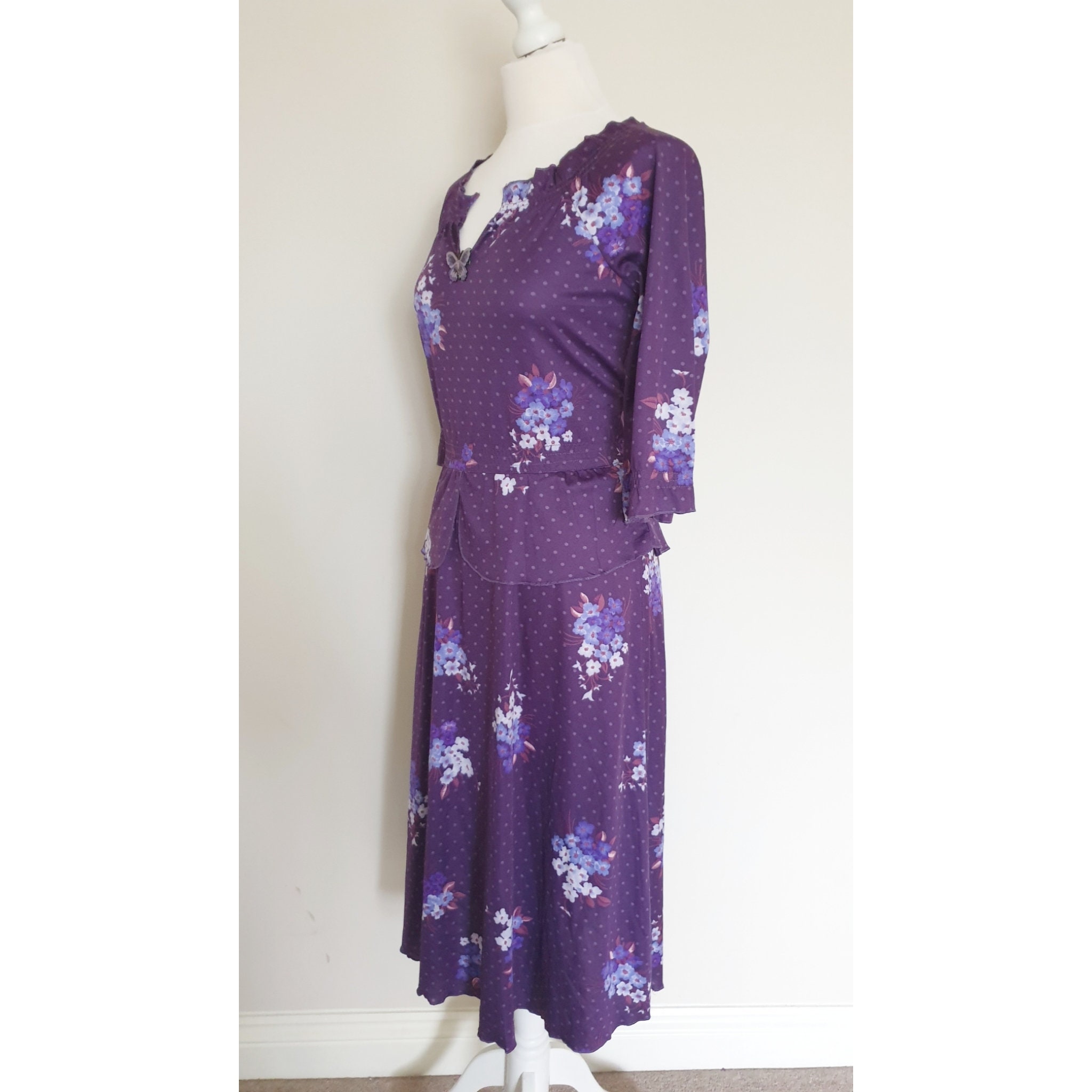 Vintage 70s Purple Floral Polka Dot Butterfly Peplum Dress UK - Etsy