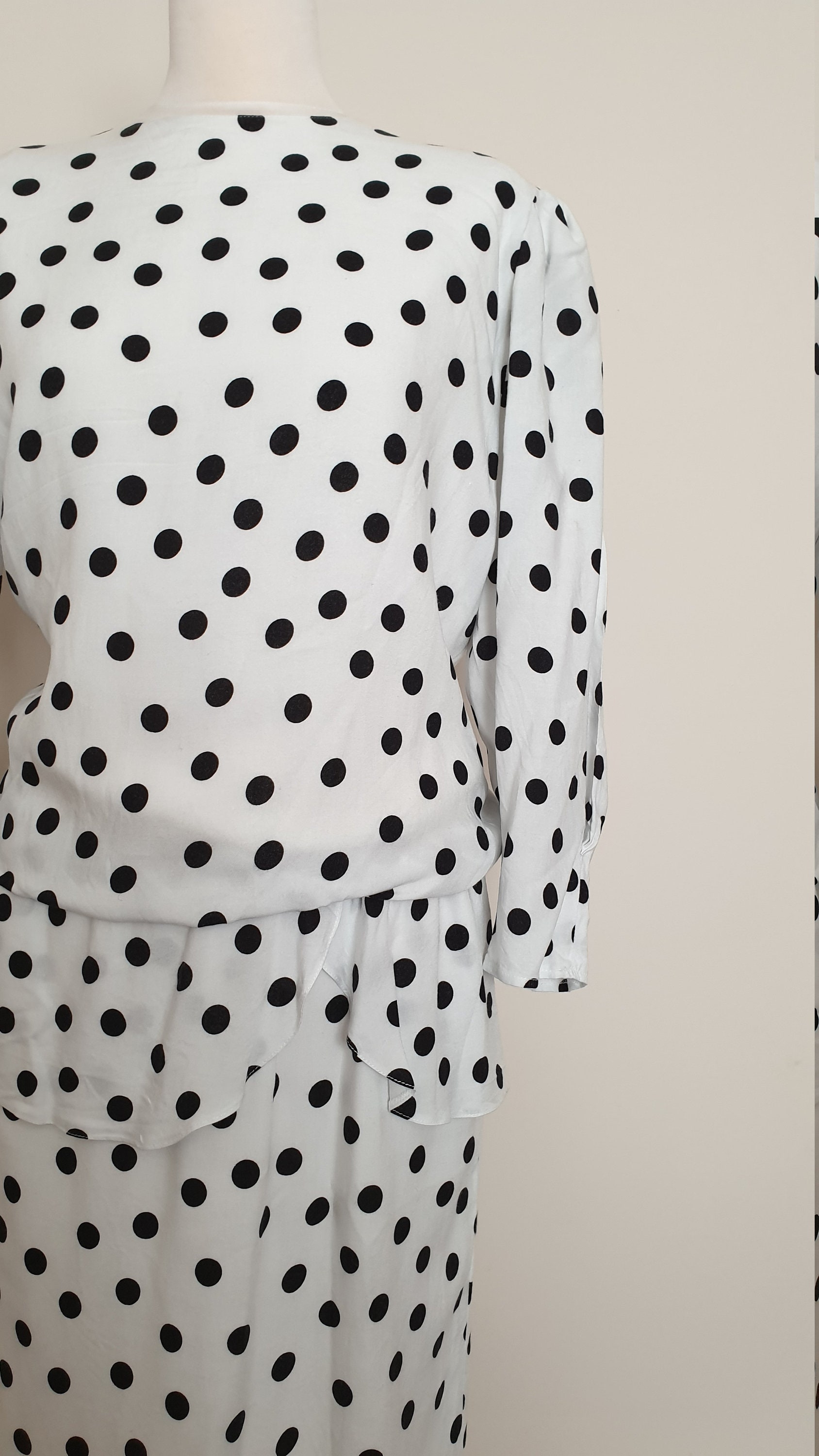 Vintage 80s Black and White Polka Dot Peplum Dress UK 16/18 | Etsy