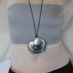 May include: A large, iridescent abalone shell pendant suspended on a thin black cord. The shell features a natural, polished surface with swirling shades of dark gray, silver, and hints of green and purple, creating a reflective, pearlescent finish.
