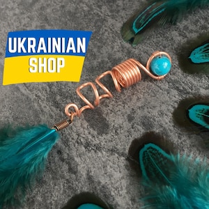 Ukraine sellers Feather for hair turquoise, aquamarine feather loc jewelry copper feather braid jewelry hair feather dreadlock dread bead