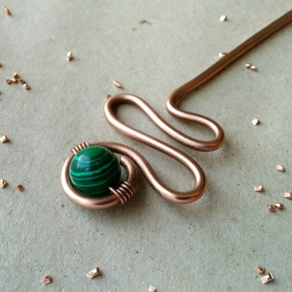 Malachite hair stick Turquoise hair stick Evil Eye copper hammered hair pin boho hair jewelry handmade hairpin