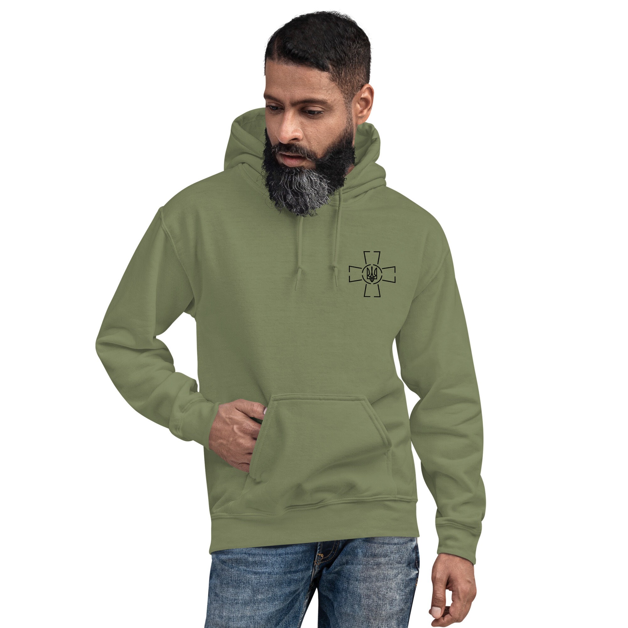 Felpa Con Cappuccio Uomo Ucraina - Tridente Ricamato - Verde Militare, Taglia S - Poliestere Cotone - 4