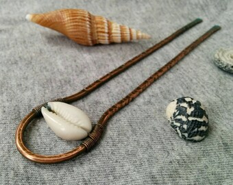 Shell hair fork Cowrie shell, handmade hair fork sea shell, rustic copper hair stick, metal hair stick, boho hair jewelry, hair accessories