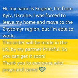 May include: A digital graphic with a blue and yellow background, resembling a flag. Text in white reads: "Hi, my name is Eugene...Thank you to everyone who prays and cares!" with a heart symbol.