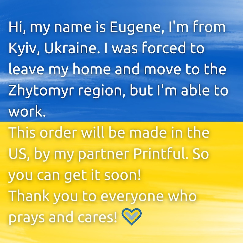 May include: A digital graphic with a blue and yellow background, resembling a flag. Text in white reads: "Hi, my name is Eugene...Thank you to everyone who prays and cares!" with a heart symbol.