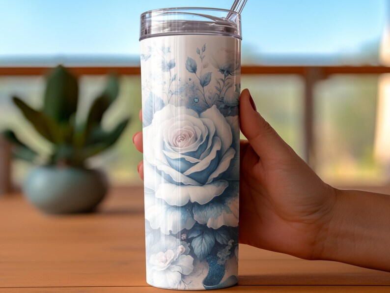 Blue Floral Tumbler Wrap, Digital PDF, 20 Oz Skinny Tumbler Design ...