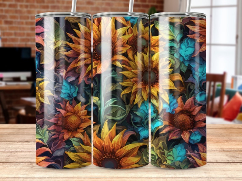 3D Stainglass Sunflower 20 oz Skinny Tumbler Sublimation Design, Straight & Tapered Wrap, Tumbler Wrap, PNG, Instant Download image 2