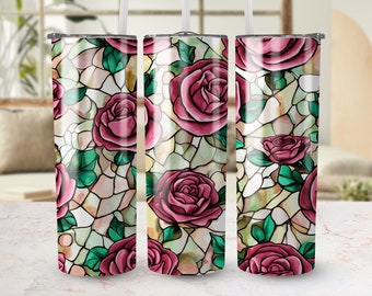 3D Stainglass Pink White Roses 20 oz Skinny Tumbler Sublimation Design, Straight & Tapered Wrap, Tumbler Wrap, PNG, Instant Download