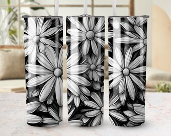 Black and White Stainglass Daisies 20 oz Skinny Tumbler Sublimation Design, Straight & Tapered Wrap, Tumbler Wrap, PNG, Instant Download