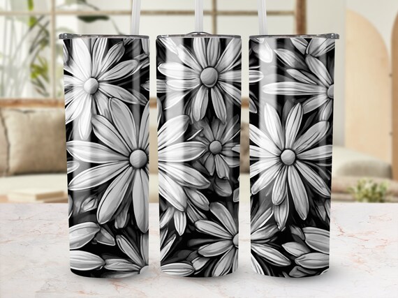 Black and White Stainglass Daisies 20 oz Skinny Tumbler Sublimation Design, Straight & Tapered Wrap, Tumbler Wrap, PNG, Instant Download
