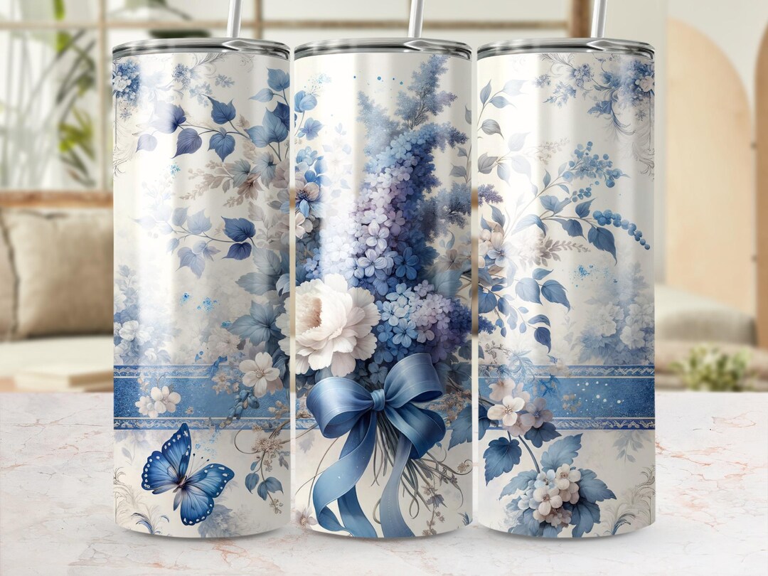 Blue Floral Tumbler Wrap, Digital PDF Download, 20 Oz Skinny Tumbler ...