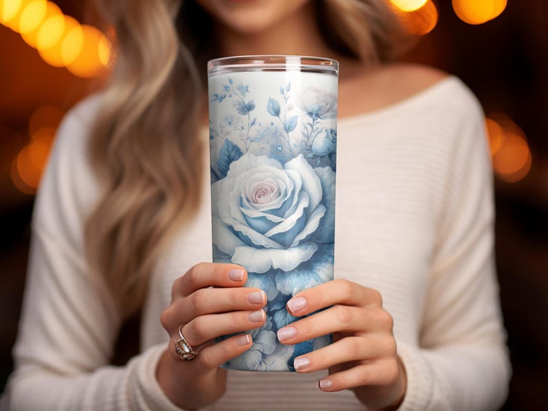 Blue Floral Tumbler Wrap, Digital PDF, 20 Oz Skinny Tumbler Design ...
