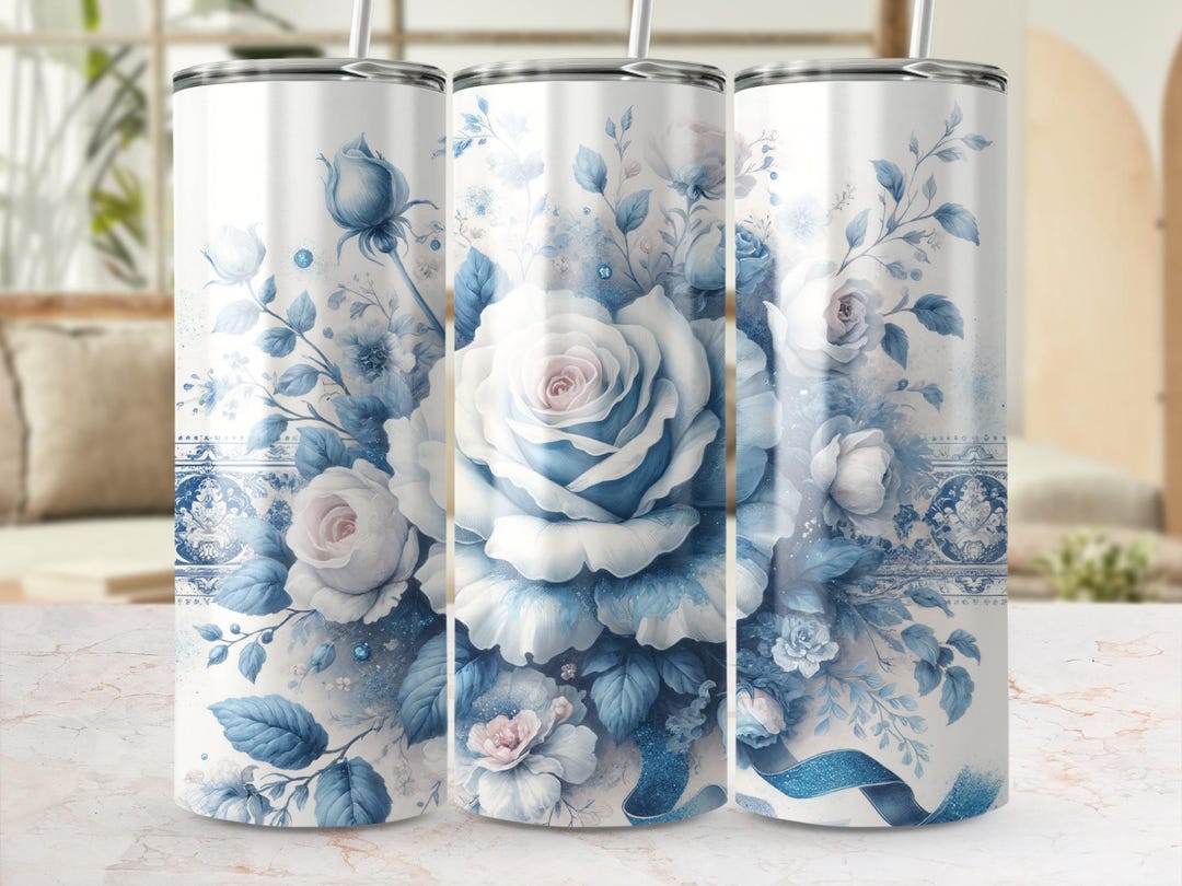 Blue Floral Tumbler Wrap, Digital PDF, 20 Oz Skinny Tumbler Design ...