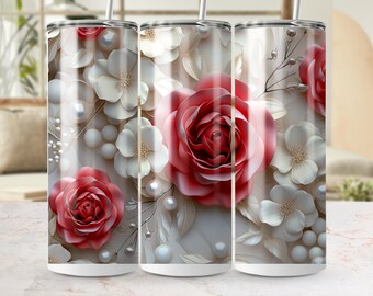 Floral Tumbler, Red Rose 3D Print, Insulated Stainless Steel Travel Cup