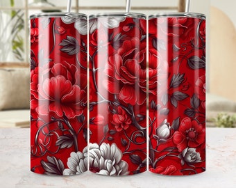Floral Tumbler, Red and White Roses Travel Mug, Insulated Coffee Cup, Stainless Steel, Gift for Her, Garden Lovers Drinkware, 20 oz