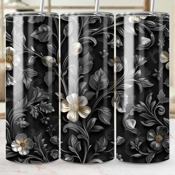 Elegant Floral Tumbler, Black and Gold Flower Insulated Drinkware, Chic Botanical Travel Mug, Unique Coffee Cup for Gardening Lovers